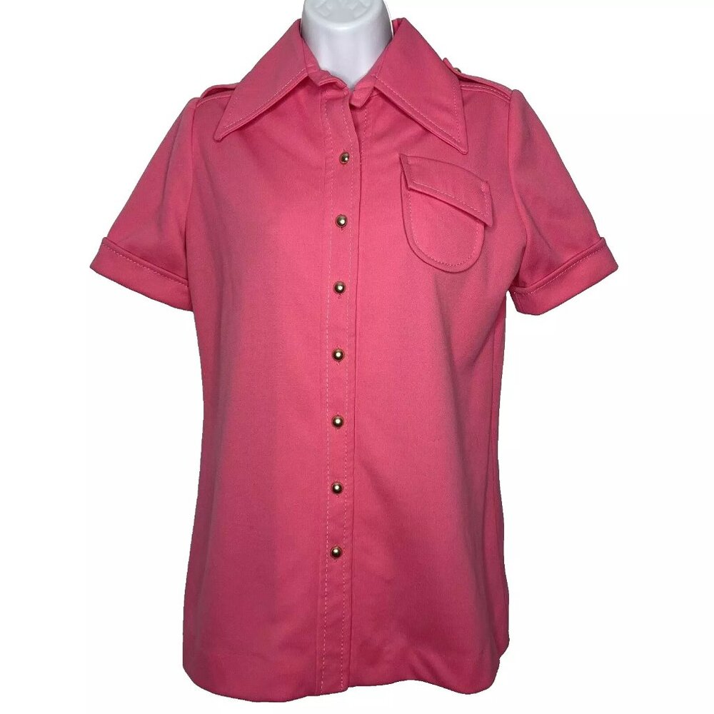 Vintage 70s Puccini Pink Polyester Spread Collar Button Up Shirt…
